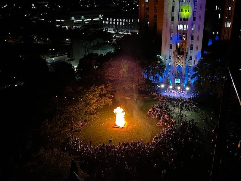 Bonfire on the Cathedral of Learning lawn