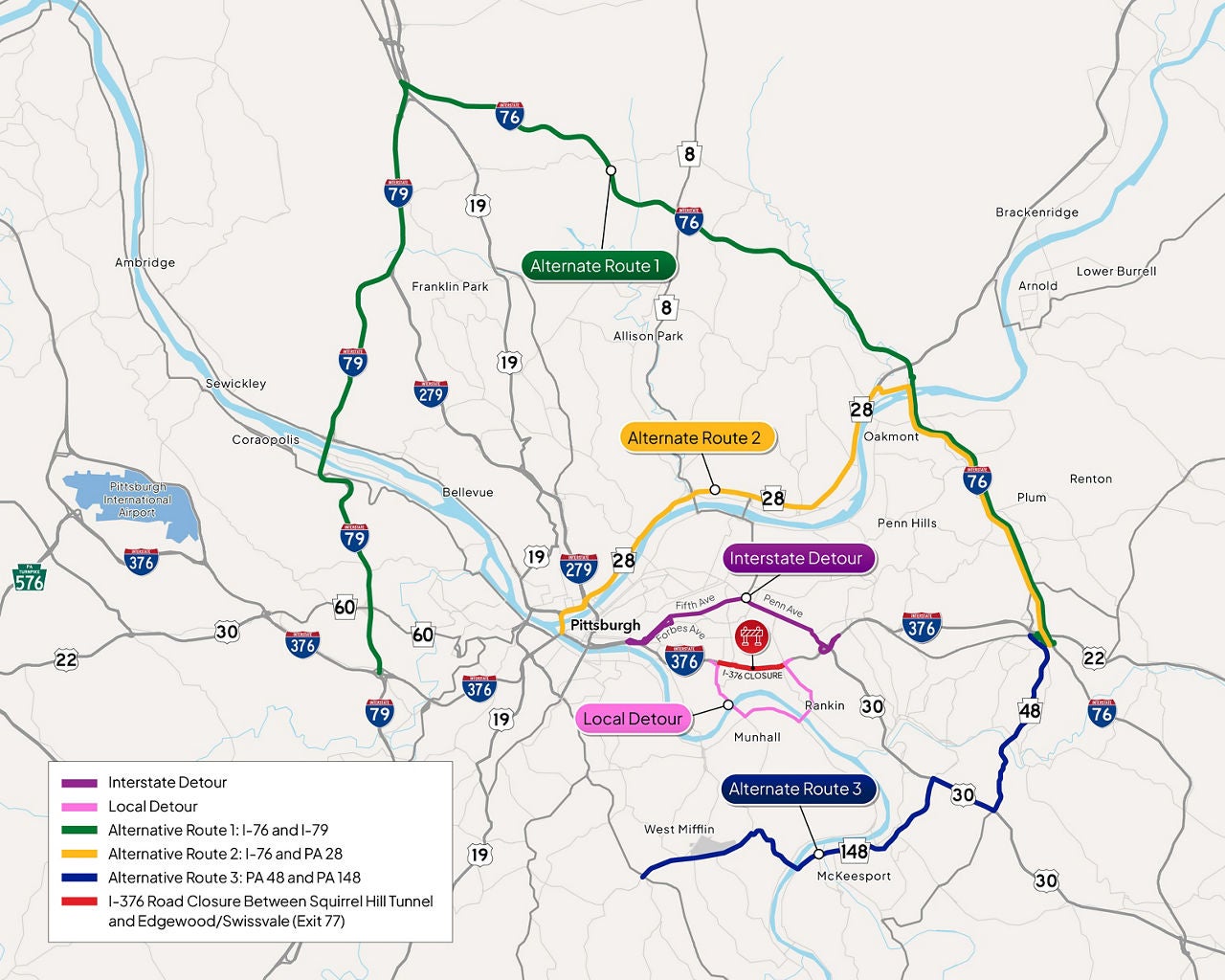 Detour Map Overview showing the various routes for the Commercial Street Bridge project, including an Interstate Detour, Local Detour, 3 Alternative Routes, and the closure highlighted in red.