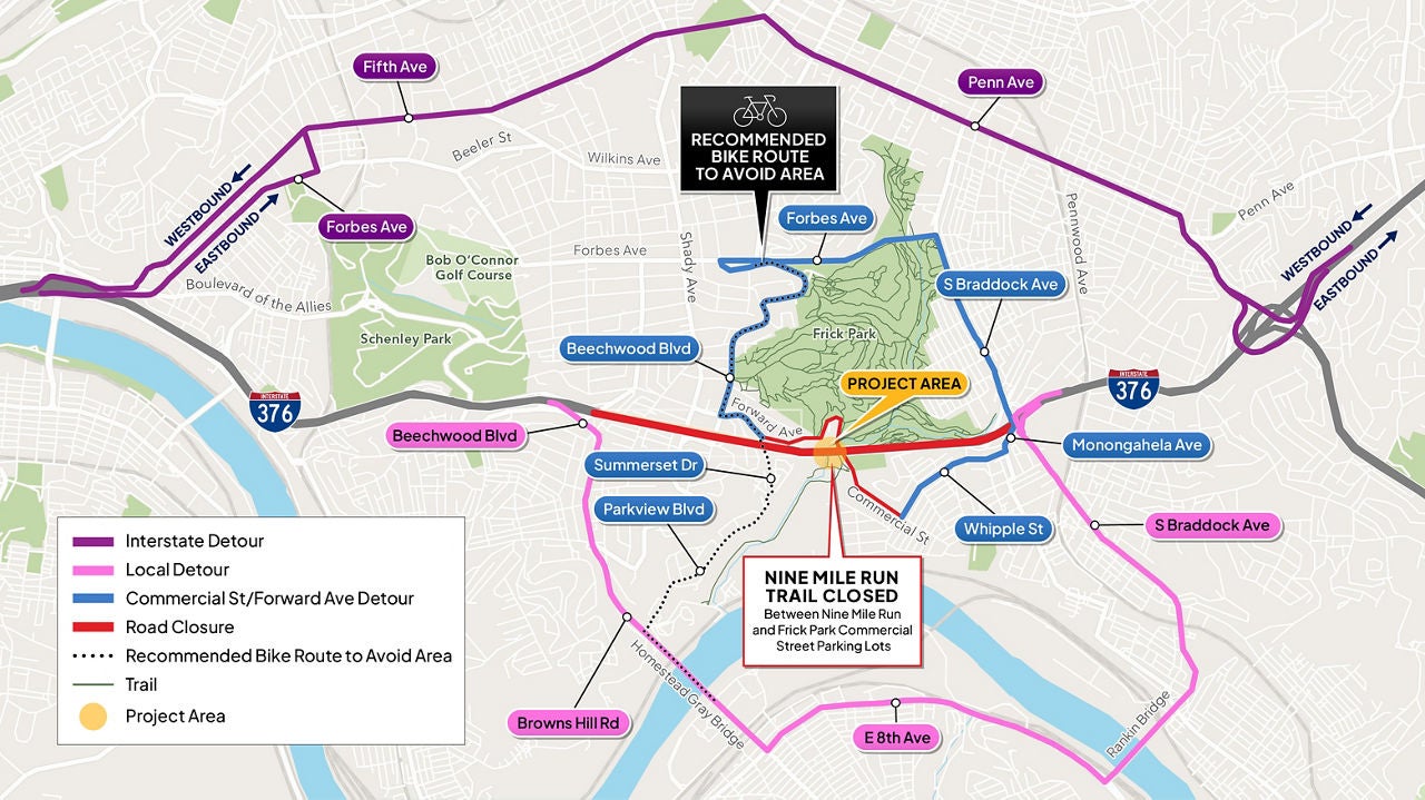 Zoomed in map showing the interstate and local detours, with the purple route showing the impacts to the Oakland area.