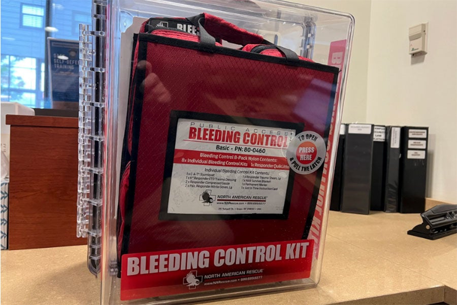 A Stop the Bleed kit located at the Public Safety Building in Oakland.